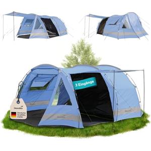 Skandika Kambo - Tenda de campeggio tunnel - Cabina letto per 4 persone - Impermeabile con 3000 colonne d'acqua - 3 ingressi - tenda da sole (blu/nero)