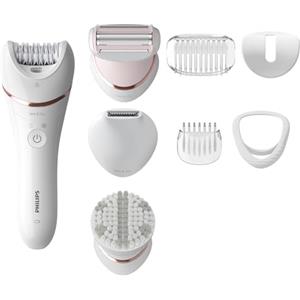 Philips Epilator Series 8000, dispositivo di epilazione Wet & Dry cordless per gambe e corpo con 8 accessori, rasoio, rifinitore ed esfoliante corpo, modello BRE735/00