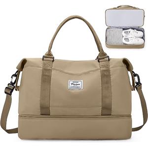 SEAFEW Borsone da Viaggio Donna, Bagaglio a Mano Borsa da Viaggio con Scomparto per le Scarpe, Borsa Sportiva Borsone da Palestra Grande, Borsa da Weekend, Borsa per Ospedale,A12 Cachi