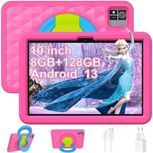 YUMBOT Tablet Bambini 10.1 Pollici Andriod 13,128GB Rom 8GB RAM per Bambini 3 4 a 6 8 10 12 Anni,Controllo Parentale,6000mAh,Bluetooth,Kids Tablet Rosa Educativo con Custodia