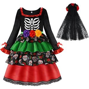ReliBeauty Costume da Scheletro Messicano per Bambina Vestito Calavera Catrina Abito Ragazza Dia de los Muertos Halloween, (110 cm)