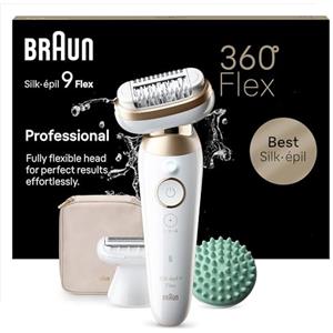 Braun Silk-épil 9 Flex Depilatore Donna, Epilatore Elettrico Donna Con Testina Flessibile 360°, Wet & Dry, Con Rasoio Donna, Cappuccio Rifinitore e Accessorio Massaggiante, 9-071 3D, Bianco/Oro