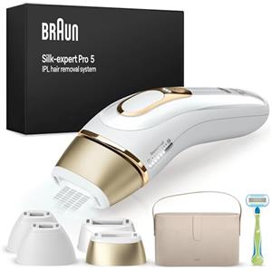 Braun Silk·expert Pro 5 Epilatore Luce Pulsata, Epilazione A Casa, Alternativa All'Epilazione Laser, Con Custodia, Mini Depilatore Viso, 2 Testine, Idea Regalo, Bianco/Oro, PL5156