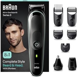 Braun REGOLABARBA Tagliacapelli Uomo, Rasoio Elettrico Barba e Capelli, 8-In-1 Styling Kit Ideale per Barba, Capelli, Naso e Orecchie, 80 Minuti Di Utilizzo Senza Fili, Idea Regalo, MGK3441