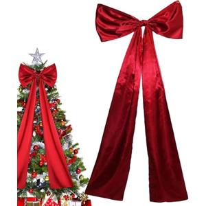 Generico Fiocco Per Albero Di Natale | Fiocco Rosso In Raso Festivo Extra Large | Eleganti Decorazioni Natalizie Fiocco Artigianale Con Lunghe Stelle Filanti | Puntale Per Albero Di Natale Con Fiocco In Raso