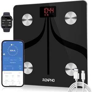 RENPHO Bilancia Bluetooth per Grasso Corporeo, Bilancia Digitale Intelligente IMC Bilancia Pesapersone Bagno Analisi Composizione Corporea con App, 280 x 280 mm, Ricarica USB