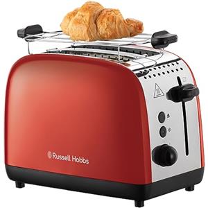 Russell Hobbs Tostapane - 2 Fette - Acciaio Inox Rosso; Scomparti per toast extra larghi; 6 livelli di doratura; Funzione di scongelamento; Funzione solleva e guarda, 1600 W, ColorPlus 26554-56