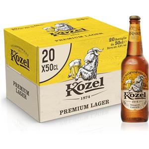 Kozel Birra Premium Lager, Cassa Birra con 20 Birre in Bottiglia da 50 cl, 10 L, Pale Lager dal Gusto Ricco e Bilanciato, Gradazione Alcolica 4.6% Vol