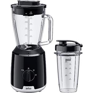 Braun PowerBlend 1 JB1051BK, Frullatore da Tavolo con Bicchiere Smoothie2Go, Frullatore con caraffa di Vetro Triangolare, 2 Velocità, Funzione Tritaghiaccio, 600W, Nero