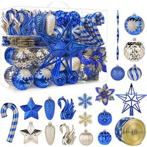 Alupssuc 128 Pezzi Palline di Natale Ornamenti Set, Decorazioni per Albero di Natale Infrangibili Palline, Fiori di Natale, Nastro, Puntale per Albero di Natale Festa di Nozze con Ganci,Blu & Oro