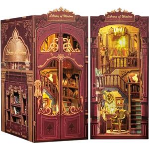 CUTEBEE Book Nook - Kit fai da te in miniatura, casa delle bambole in miniatura, casa delle bambole fai da te, con protezione antipolvere e luce LED, kit di costruzione per adulti (Library of Wisdow)