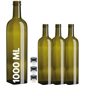 acquaverde | 3 Bottiglie Marasca in Vetro Scuro Uvag, Bottiglia Quadra per Olio e Liquore, 1000 ml con Tappo Dosatore