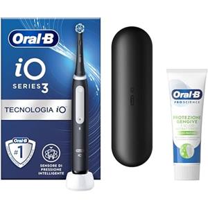 Oral-B Spazzolino Elettrico Ricaricabile iO 3 Nero, 1 Testina Di Ricambio, 1 Custodia Da Viaggio +Dentifricio Oral-B Pro-Science Protezione Gengive Pulizia Profonda 75ml. 1 Spazzolino