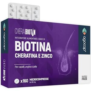 Agocap Cherabiotin, integratori a base di Biotina, Cheratina e Zinco. Vitamine per unghie e pelle. crescita capelli e anticaduta donna. 160 micro compresse, 5 MESI DI FORNITURA