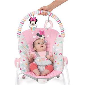 Bright Starts Disney Baby Sdraietta Minnie Mouse Forever Besties, Sedia con Vibrazioni Rilassanti, Arco di Gioco, 2 Giocattoli, Imbracatura a 5 Punti, Rosa, Neonato 0-30 Mesi Fino a 18 Kg