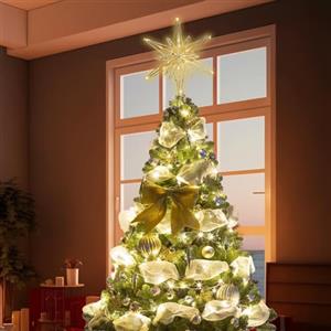 Generic Puntale per albero di Natale, puntale a stella 3D glitterato, puntale per albero di Natale con luce LED, puntale per albero di Natale a forma di stella dorata, decorazione per albero di Natale per