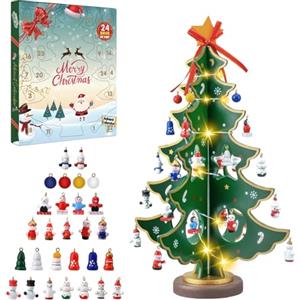 Dalugo Calendario Avvento 2024, 24 Giorni Calendario dell'Avvento con Luci e 28 Mini Ornamenti, Albero di Natale in Legno per Decorazione da Tavolo Natale Regalo Bomboniere di Partito