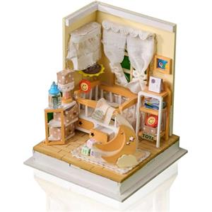 Cuteefun Miniatura Casa delle Bambole Kit con LED, Artigianato in Legno per Adulti Adolescenti da Costruire, Regali di Natale per Il Compleanno (Camera del Bambino)