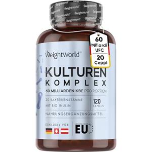 WeightWorld Fermenti Lattici Probiotici, 20 Ceppi Buoni, 60 Miliardi UFC, 120 Capsule Fermenti Lattici Adulti, Lactobacillus Acidophilus, Probiotici e Prebiotici, Inulina in Polvere Bio e FOS Fruttoligosaccaridi