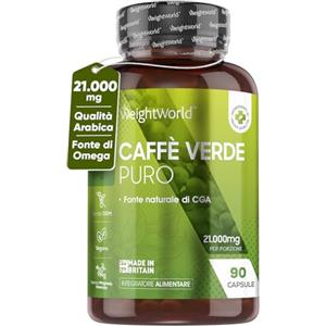 WeightWorld Caffè Verde Vegano in Capsule 21.000mg Alto Dosaggio, Ricco di Polifenoli, Estratto Di Caffe Verde 50:1 Qualità Arabica, Fonte CGA, Omega 3, 6, Vitamine B, Minerali, 90 Caffè Verde Capsule Senza OGM