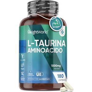 WeightWorld Integratore Taurina Senza Magnesio Stearato, 180 Taurina Capsule 1000mg per Dose, Taurina Pura Polvere Vegan Alto Dosaggio (3 Mesi), Aminoacidi Essenziali Pre Workout, Post Workout, L-Taurina 1000 mg