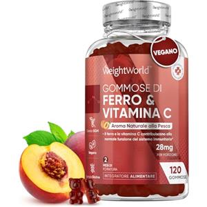 WeightWorld Integratore Ferro e Vitamina C, 120 Gommose (2 Mesi) Gusto Pesca, 28mg Ferro Integratore e Vitamina C 10mg (Acido L-Ascorbico) per Normale Funzionamento del Sistema Immunitario, Senza OGM né Glutine