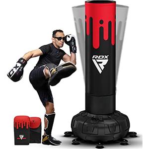RDX Sacco da Boxe Terra, 6FT 180CM Pesante Pieno Professionale Sacco con Guantoni e Base, Maya Hide Pelle Piedistallo Adulti Free Standing Bag, MMA Arti Marziali Pugilato Muay Thai (Nero Rosso, 6FT)