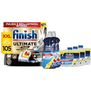 Finish Kit Lavastoviglie, 105 Pastiglie Ultimate PLUS Infinity Shine al Limone contro lo Sporco e i Residui Incrostati, 2 Brillantante Lemon da 500ml, 3 Curalavastoviglie al Limone da 250ml