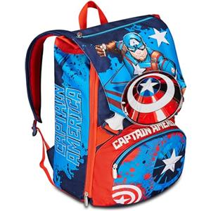 Seven Zaino Scuola Estensibile DISNEY - CAPTAIN AMERICA LEGENDARY AVENGER, Blu Rosso Bianco - Zaino Doppio Scomparto - Tasca Porta Borraccia, Zaino Bambino - Marvel