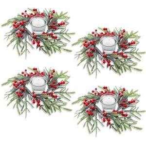 KAHEIGN 4 Pezzi Anelli per Candele Natalizie, 21CM Ghirlanda di Bacche Rosse Artificiali Anelli con Aghi di Pino Norfolk Innevati per Pilastri Rustico Matrimonio Natale Festa Porta Tavolo Decorazione