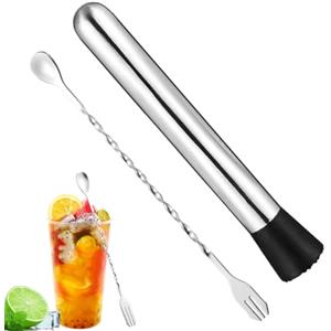 YATEICBC 2 PCS Mortaio e pestello per Cocktail in Acciaio Inox,Cucchiaio per Vino,Miscelatore per Mojito, tritaghiaccio,Miscelatore per Cocktail,Cucina,Bar,Ristorante Mortaio e pestello per Cocktail