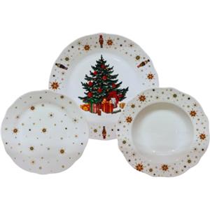 Omniacasa Servizio Piatti di Natale in Porcellana Resistente per 6 Persone: 18 Pezzi, Decorazioni con Albero di Natale Schiaccianoci e Stelle, Rosso e Bianco, Adatto: Lavastoviglie e Microonde.