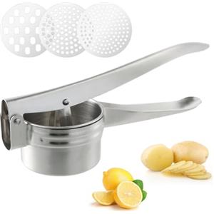 Chstarina Schiacciapatate in Acciaio Inox, Passapatate Manuale con 3 Colini Sostituibili, Schiacciapatate Professionale Robusto, Schiaccia Patate Manuale per Purè di Patate, Frutta, Verdure, Alimenti per Bébé