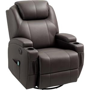 HOMCOM Poltrona Massaggiante Reclinabile Manuale, Poltrona Relax Elettrica Girevole con 2 Portabicchieri, Telecomando, Poggiapiedi e 4 Tasche Laterali, in Pelle PU, Legno e Acciaio, Marrone Scuro