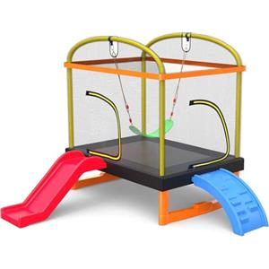 PILIN Trampolino Quadrato Con Scivolo E Scala Per Arrampicarsi, Include Rete Di Sicurezza, Tappetino, Altalena, Trampolino Da Giardino Per Uso Interno Ed Esterno, Regalo Di Compleanno Per Bambini