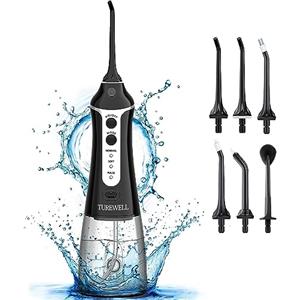 TUREWELL FC1591 Idropulsore Dentale Portatile 6 Ugelli e 3 Modalità, IPX7 Impermeabile, 300ML Irrigatore Dentale per La Casa e I Viaggi