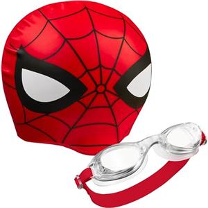 Marvel Occhialini da Nuoto per Bambini - Set Occhialini da Piscina Anti-Appannamento e Cuffia Nuoto Avengers Spiderman (Rosso Spiderman, 6-14 Anni)