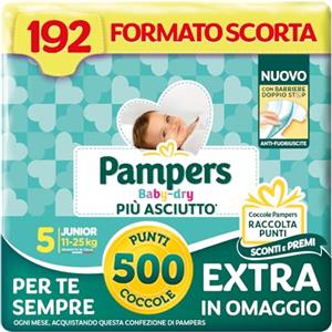 Pampers Baby Dry Junior, Taglia 5 (11-25 kg), 192 pannolini, con 500 Punti Coccole extra in omaggio