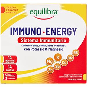 Equilibra Integratori Alimentari, Immuno Energy, Integratore per la Normale Funzione del Sistema Immunitario a Base di Sali Minerali e Vitamine, Riduce Stanchezza e Affaticamento, 14 Bustine