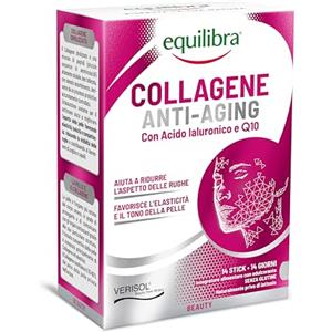 Equilibra, Collagene Anti-Aging, Collagene Idrolizzato VERISOL®, 14 Stick Monodose, 5000 mg Collagene per Dose, con Acido Ialuronico, Coenzima Q10, Migliora l'Aspetto della Pelle, Riduce le Rughe