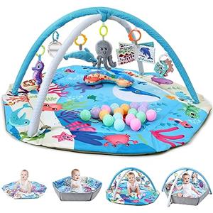 TFDER 8 in 1 Palestrina Neonato Multifunzione, tappeto gioco e vasca palline con lati, Giocattoli Staccabili,Stimola Sviluppo del Neonato con Tante Attività, Antiscivolo più Spesso, 0+ Mesi,Blu