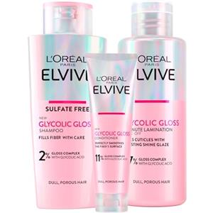 L'Oréal Paris Elvive Glycolic Gloss Balsamo da 150ml + Shampoo da 200ml + Trattamento Laminazione 5 Minuti da 200ml Set per Capelli Spenti e Porosi Lucentezza Intensa e Duratura - 3 Flaconi