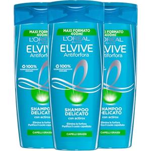 L'Oréal Paris Elvive Antiforfora Shampoo Delicato Purificante con Actirox ed Equaderm per Capelli Grassi Per Capigliatura Idratata e Fresca - 3 Flaconi da 400ml