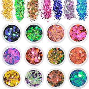 AOOWU Glitter Grosso, 12 Colori Kit polvere Glitterata Glitter Grosse Olografiche, Glitter Chunky Sparkle Glitter per Resina Epossidica, Capelli, Unghie, Viso, Trucco del Festival