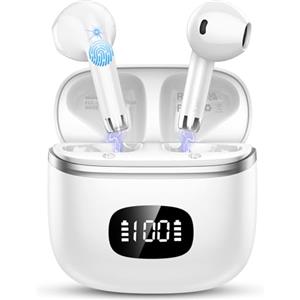 POMUIC Cuffie Bluetooth, Auricolari Bluetooth 5.3 Stereo HiFi con 4 ENC Mic, 40 Ore di Durata, Cuffiette Bluetooth Cancellazione Rumore con LED Display,Touch Control, IPX7 Impermeabili Cuffie Wireless,Bianco