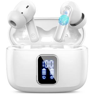 lukg Cuffie Bluetooth, Auricolari Bluetooth 5.3 Stereo HiFi con 4 ENC Mics Immersivo, 48Ore Mini Cuffie Wireless Cancellazione Rumorecon, LED, IP7 Impermeabili Cuffiette Bluetooth per Androide/iOS, Bianco