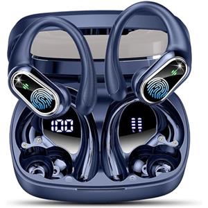 Poounur Cuffie Bluetooth Sport, Auricolari Bluetooth con Mic Stereo, 50 Ore Cuffie Wireless In Ear con Stereo HiFi, IP7 Impermeabile Cuffiette Bluetooth, Display LED, Controllo Touch Display LED, USB-C,Blu