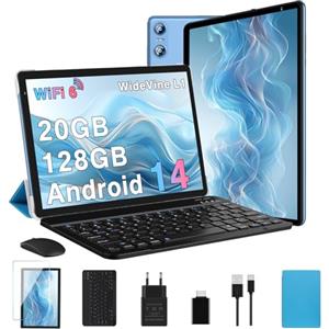 Biegedy Tablet 10 Pollici Android 14 Tablet 20GB RAM+128GB ROM (1TB TF), Tablets 5G/2.4G WiFi 6 Octa-Core, Widevine L1/GMS/Bluetooth 5.0/6000mAh/5+8MP, Tablet 2 in 1 Tastiera+Mouse - Blu