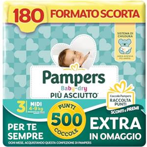 Pampers Baby Dry MIdi, Taglia 3 (4-9 kg), 180 pannolini, con 500 Punti Coccole extra in omaggio