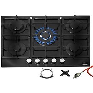 Phönix Germany Phönix PG-901T - Piano cottura a gas da incasso, in vetro, 5 piastre autosufficienti (piano cottura a gas autosufficiente/da incasso), con regolatore del tubo del gas per bombole di gas propano